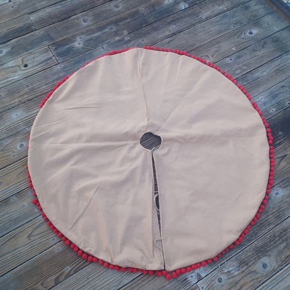 Natural Burlap Jute Christmas Tree Skirt Red Pom Pom Trim 45" - Picture 5 of 5